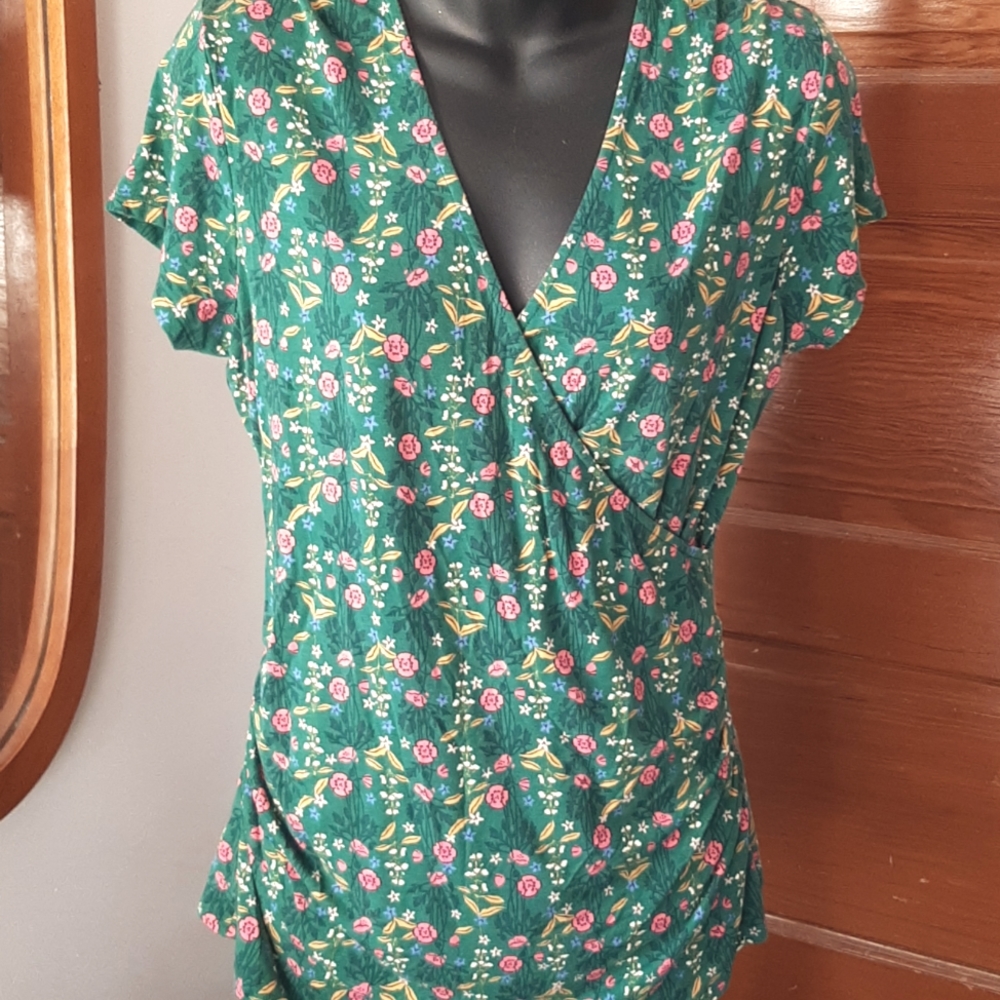 Boden Green Floral Wrap-Style Top with Pink and Yellow Accents